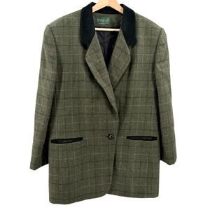 Vintage 90s Harve Benard Green Oversized 100% Wool Genuine Suede Trim Blazer